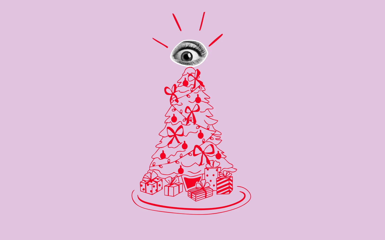 Illustration de Noël Studio Falida : sapin dessiné au trait rouge sur fond lilas, couronné d'un œil en collage, cadeaux au pied du sapin