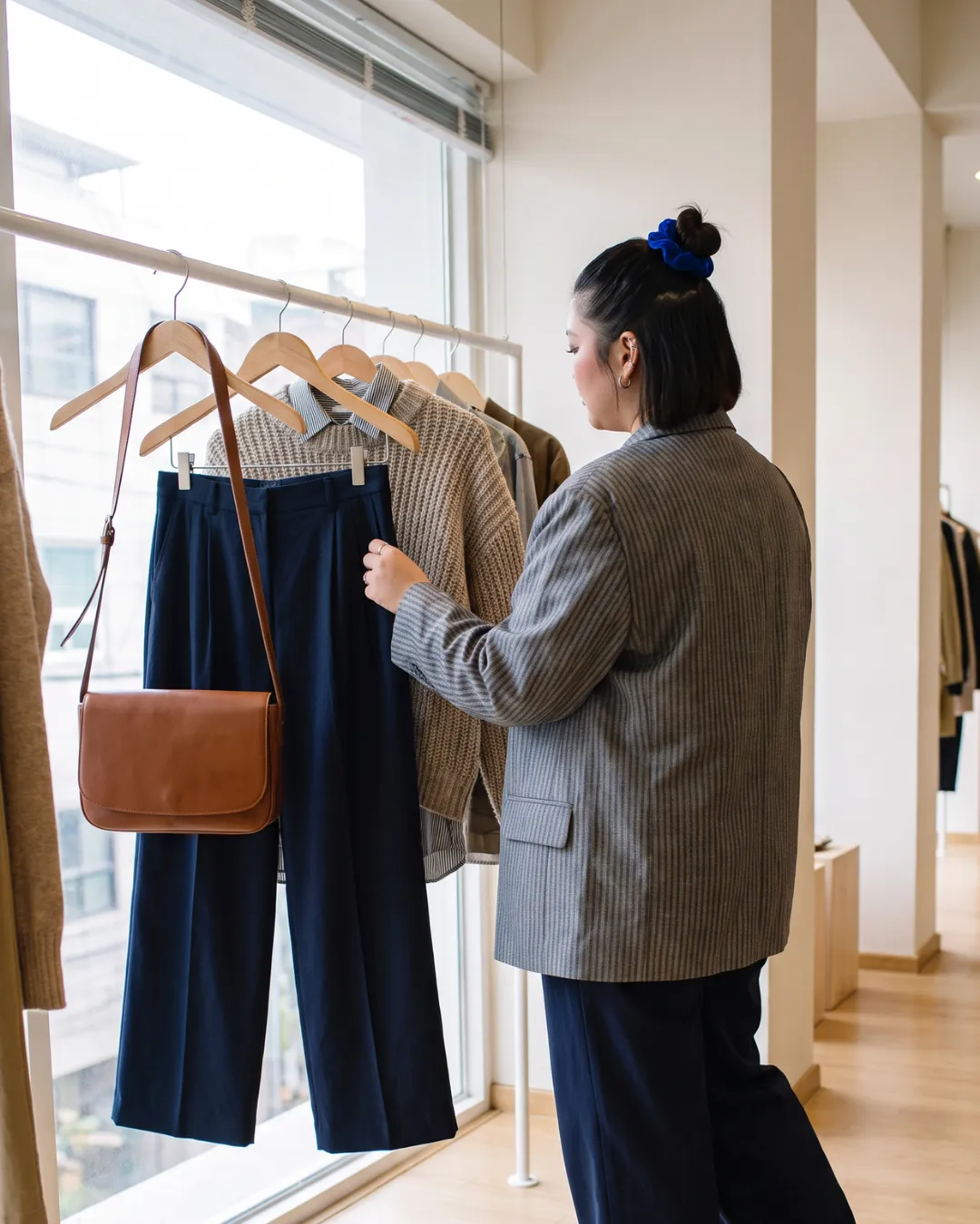 Farida compose une silhouette sur un portant de boutique, visuel merchandising à Strasbourg