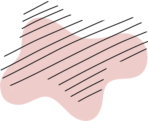 Motif dessiné au trait noir : tache rose hachurée
