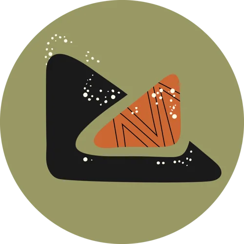 Sticker Atelier SanSam : triangle mandarine et équerre noire sur fond olive