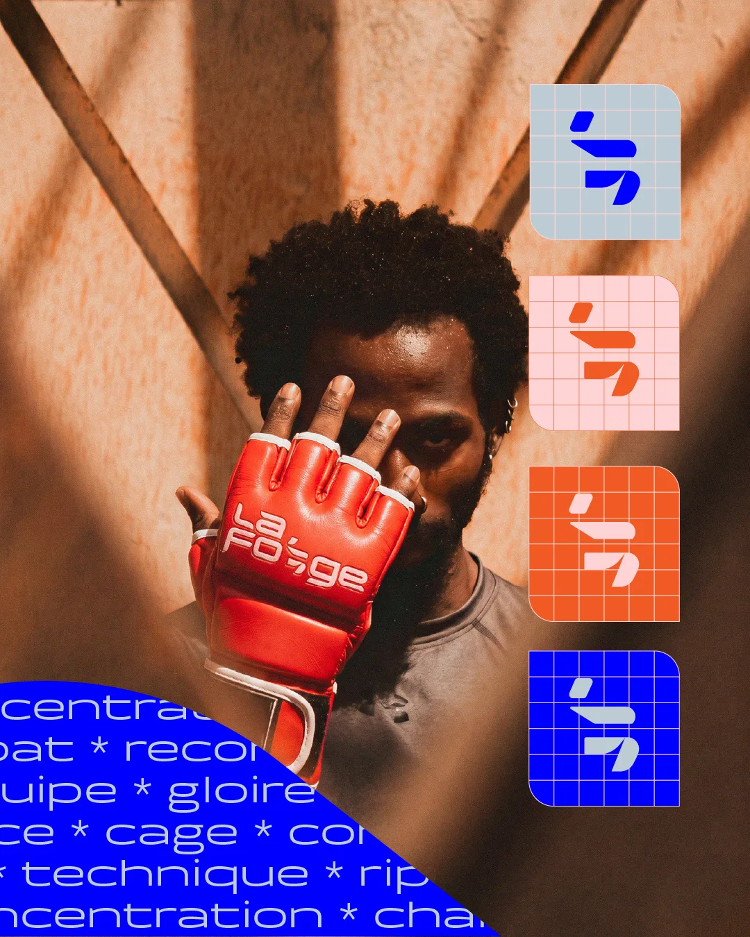 Déclinaisons du symbole La Forge dans la palette bleu, rose, orange et gris
