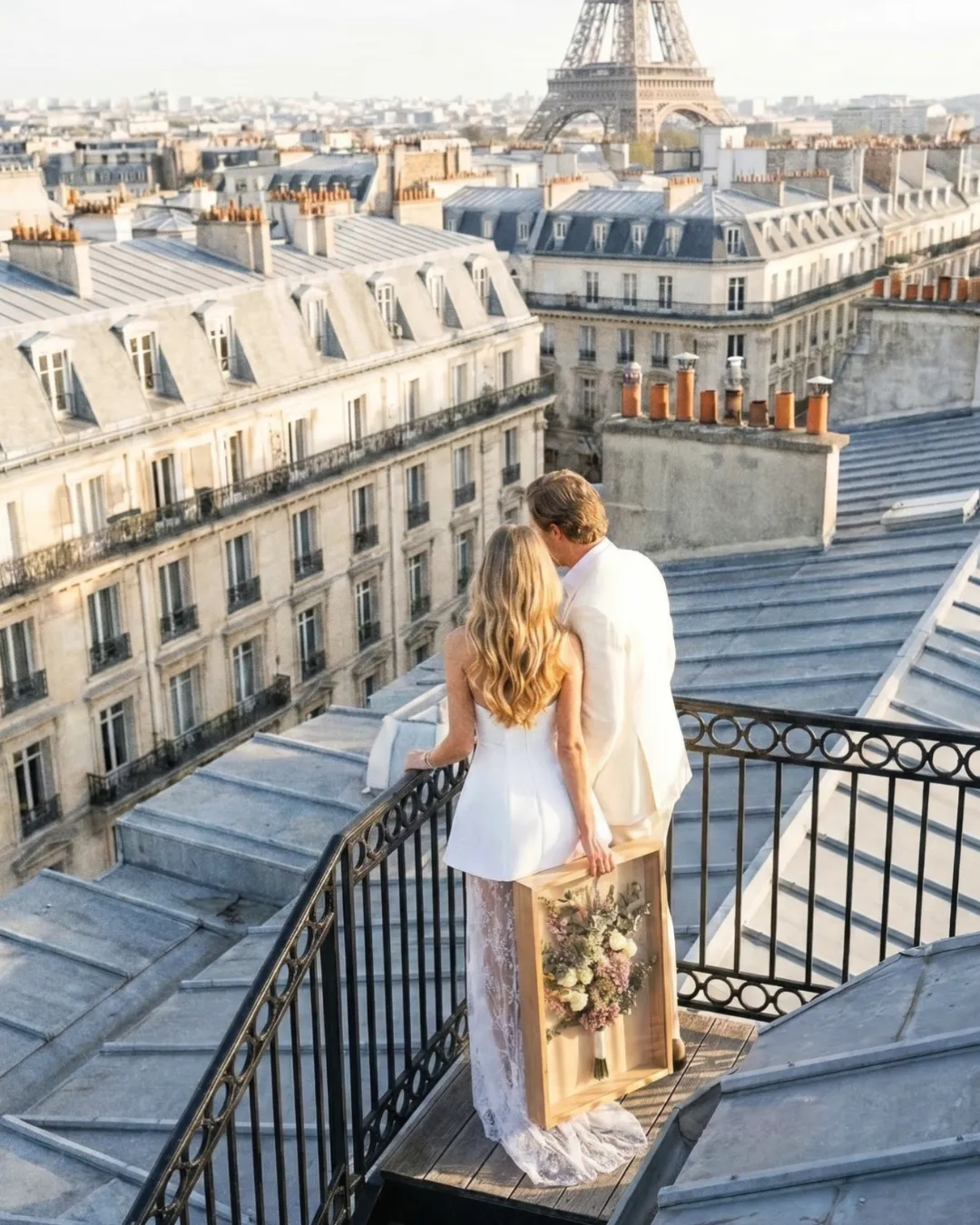 Mariés levant leur bouquet de mariée préservé face à la tour Eiffel, campagne L'écrin II pour Les Joyaux Purs