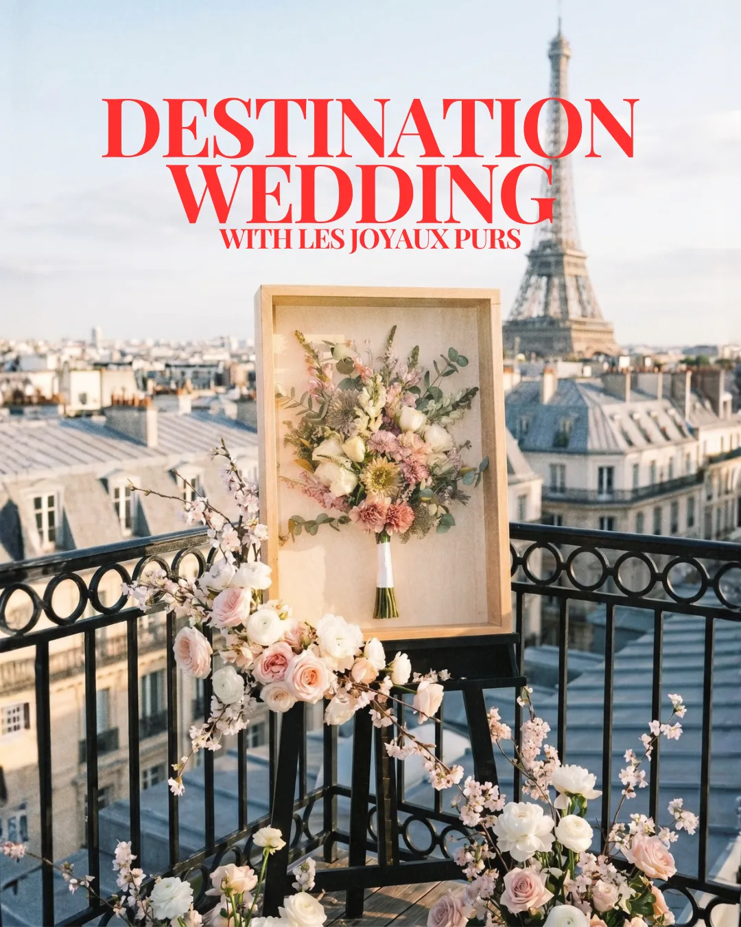 Mariés de dos sur un balcon parisien face à la tour Eiffel, cadre floral sur chevalet