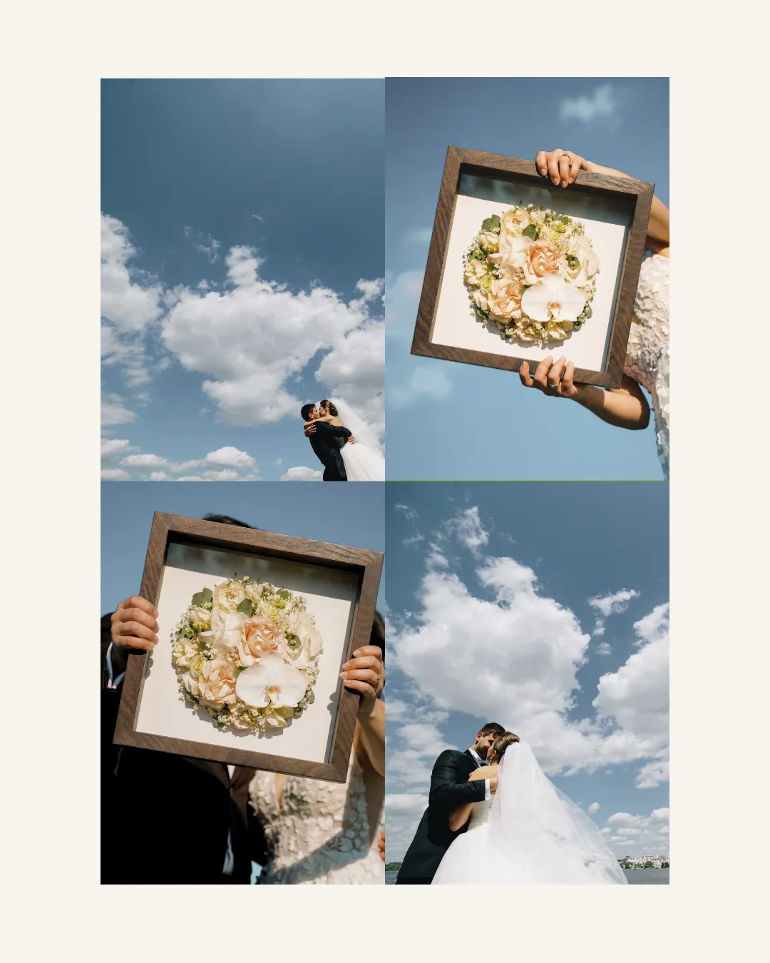 Planche de la campagne L'écrin : ciel, mariés et bouquet encadré
