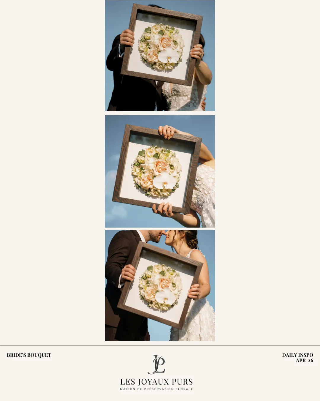 Triptyque L'écrin : bouquet de mariée conservé en tableau floral, Les Joyaux Purs
