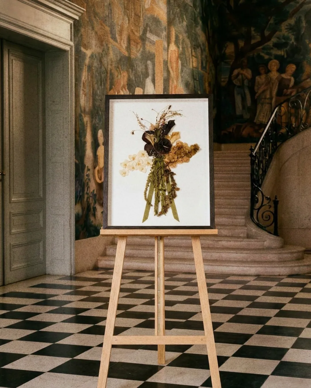 Tableau de bouquet de mariée préservé sur chevalet dans le hall d'un château, campagne Florilège II pour Les Joyaux Purs